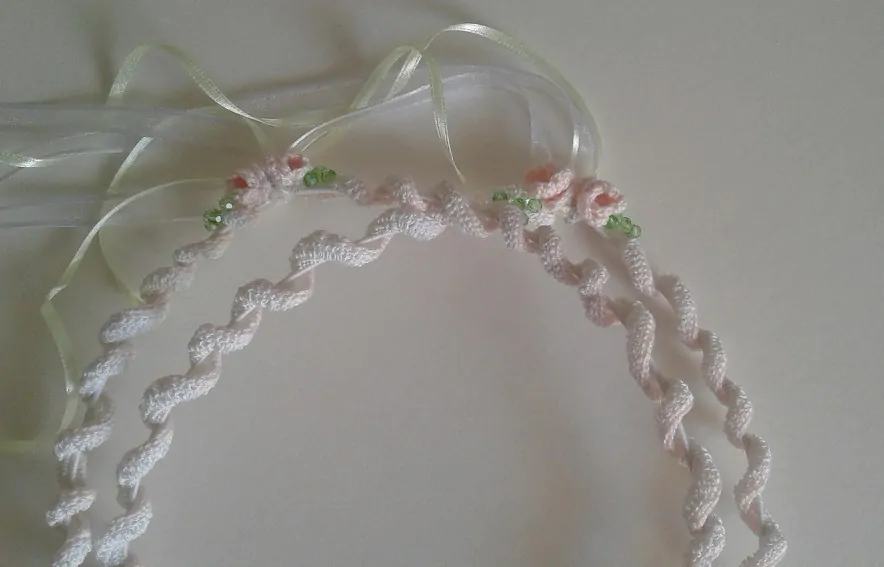 Στεφανοθήκη κεντητή & Στέφανα λευκή δαντέλα με ροζ λουλούδια - Image 3