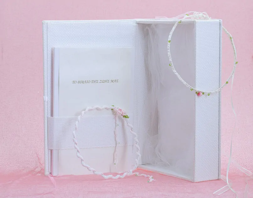 Στεφανοθήκη κεντητή & Στέφανα λευκή δαντέλα με ροζ λουλούδια - Image 2